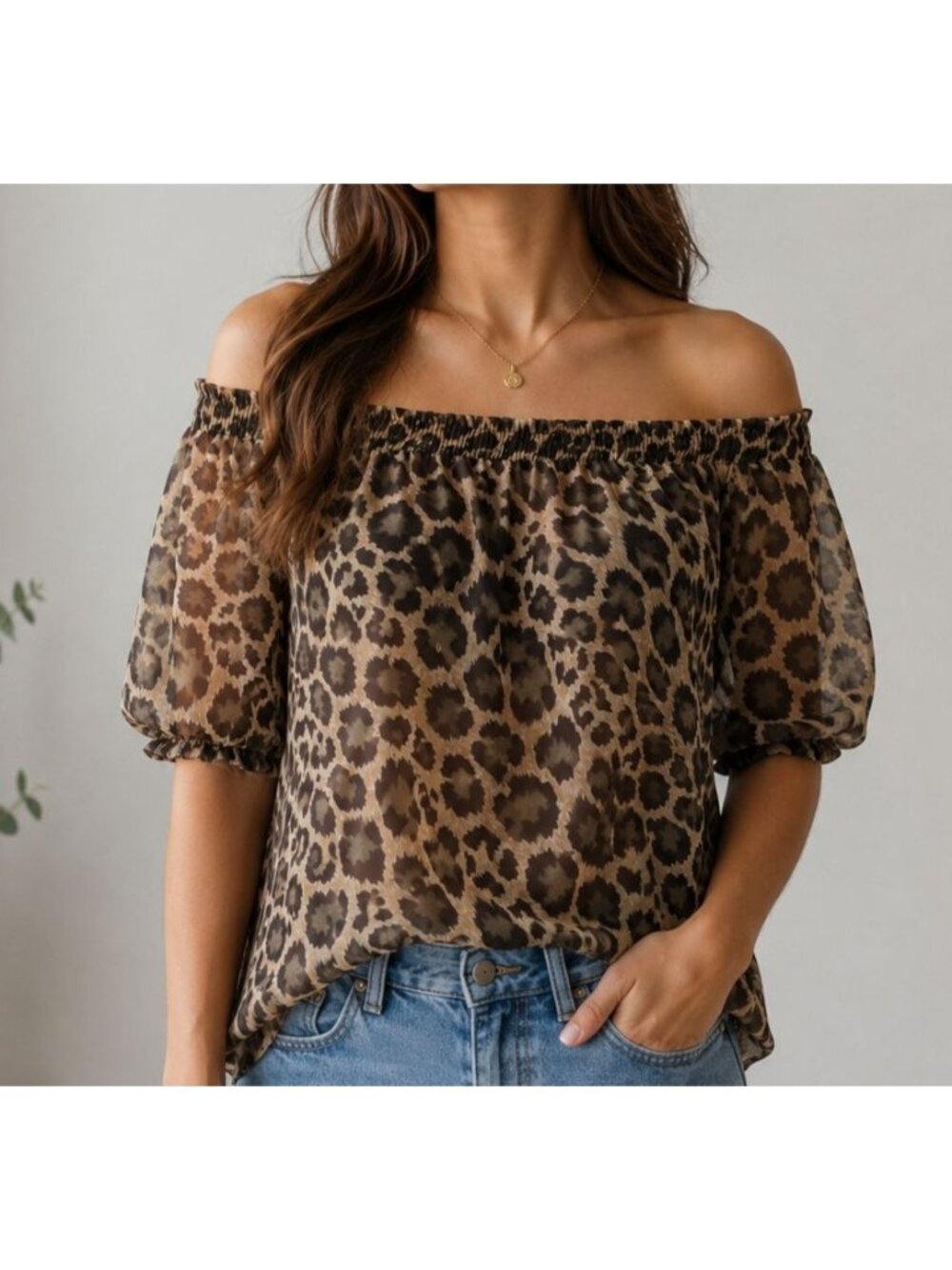 Arden B Leopard 100% SILK  Blouse Women  Off-Shoulder Animal Print Size M